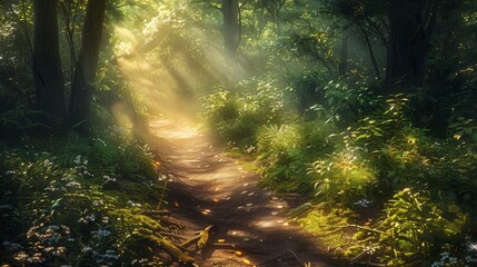 Serene nature path. Sunlight filters through the leaves of a dense forest, creating a cathedral-like atmosphere for a peaceful walk