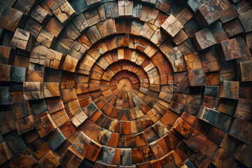 Fototapeta premium Scene of an abstract city with wooden blocks arranged in concentric circles, forming a radial urban design,