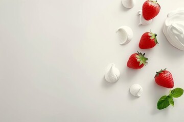 Fresh Strawberries and Meringues on White Background, Sweet and Delicious, Vibrant and Inviting, High Key Photography