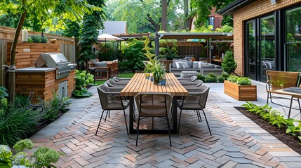 Fototapeta premium Herringbone Pattern Paver Patio with wooden dining table and matching chairs. Luxury home with garden
