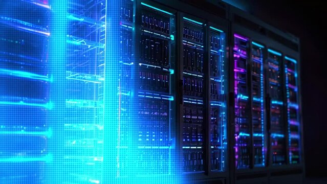 Viewers of the looping video are presented with a data center setting adorned with multiple rows of fully operated server racks, highlighting the modernization of telecommunication, artificial intelli