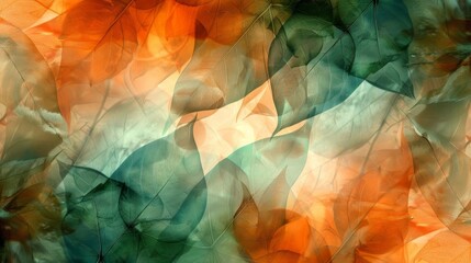 Translucent leaves in sepia and emerald softly blurred in autumn background