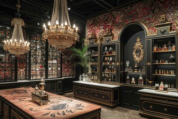 Obraz premium Displaying luxury perfumes in high-end boutiques It features elegant decorations and chic lighting.