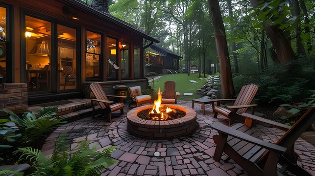 Brick Patio with Central Fire Pit: basket weave pattern bricks, Adirondack chairs, evening fireside chats