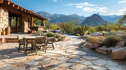 Desert-inspired flagstone patio, low-slung table and rustic wooden chairs, desert landscape