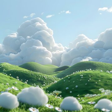 Green rolling hills with white clouds and flowers