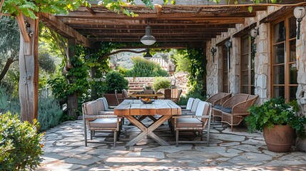 Fototapeta premium Pergola-Covered Flagstone Patio, wooden pergola draped with climbing plants, rustic wooden dining table and cushioned chairs