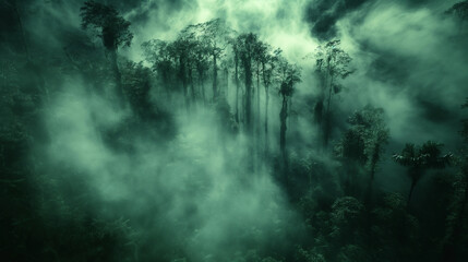 A forest with trees covered in mist