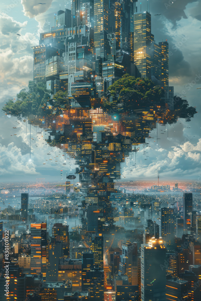 Aufkleber artistic rendering of a cityscape where each building is balanced on a single point, creating a sens