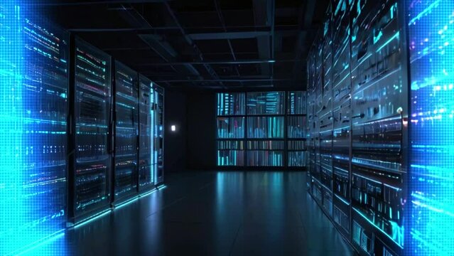 The looping video presents a data center filled with multiple rows of fully operated server racks, encapsulating the concept of modern telecommunication, artificial intelligence, and supercomputer tec