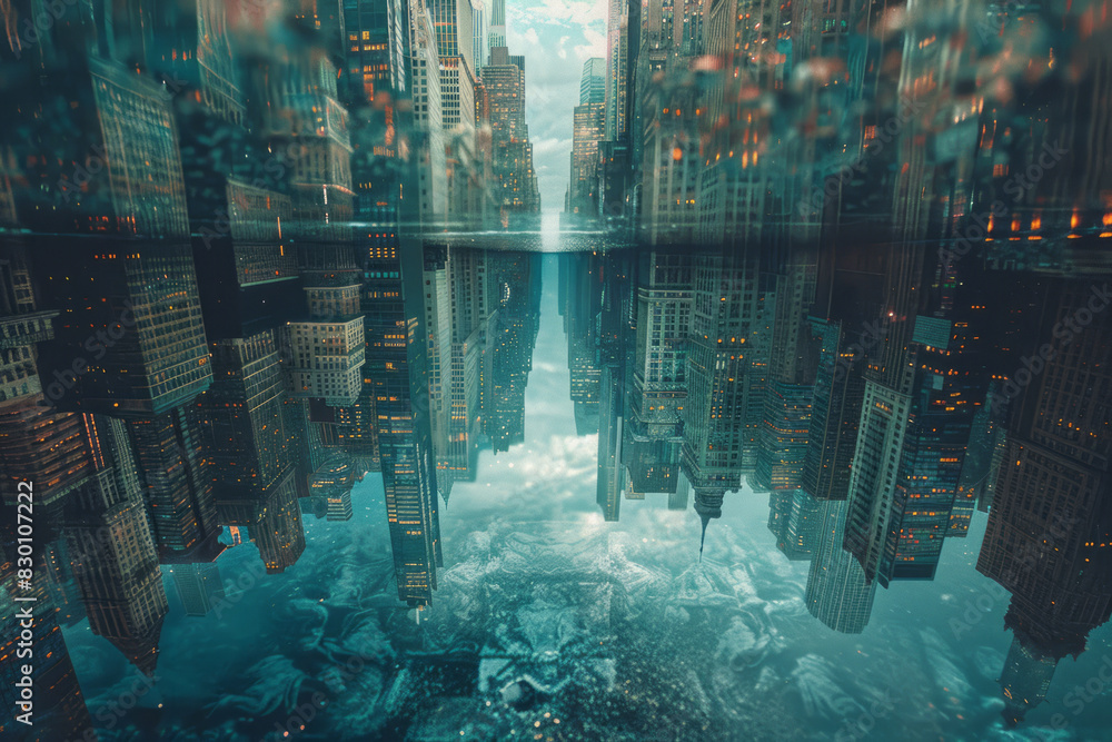 Poster image of a surreal cityscape with buildings that float above the ground, tethered by thin lines, cre
