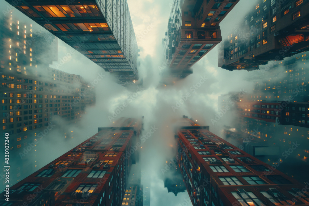 Poster image of a surreal cityscape with buildings that float above the ground, tethered by thin lines, cre