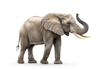 African Elephant Standing with Raised Trunk on White Background