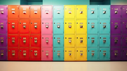row of colorful lockers indoors