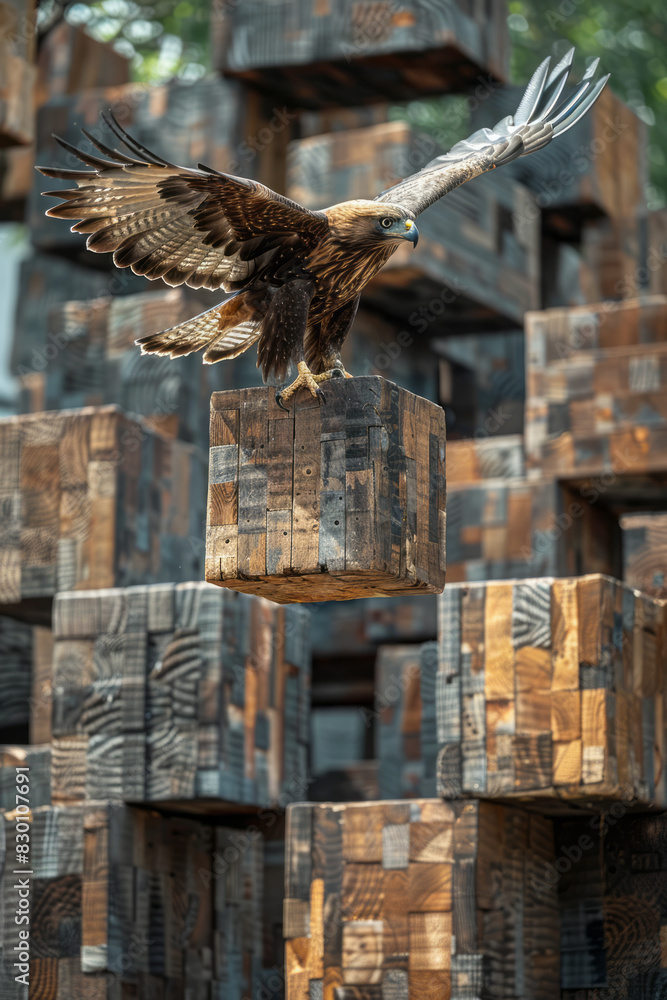 Poster scene of wooden cubes casting shadows that create the image of a soaring eagle with outstretched win