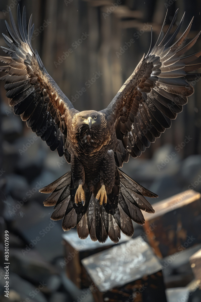 Poster scene of wooden cubes casting shadows that create the image of a soaring eagle with outstretched win