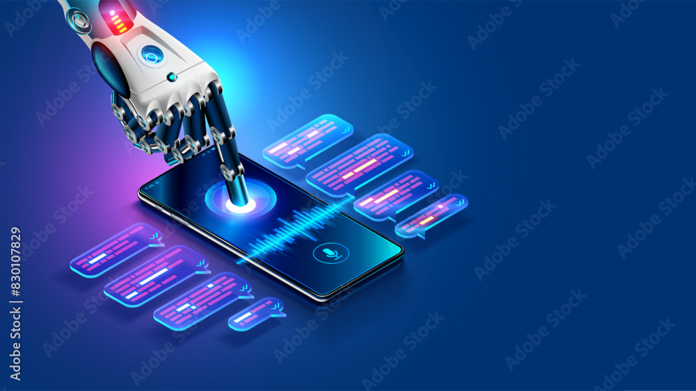 Poster AI chat bot in image robot hand tap screen phone. Mobile online AI chat bot talk through messenger with user. Abstract robotic arm of internet Chatbot with artificial intelligence chatting on phone.