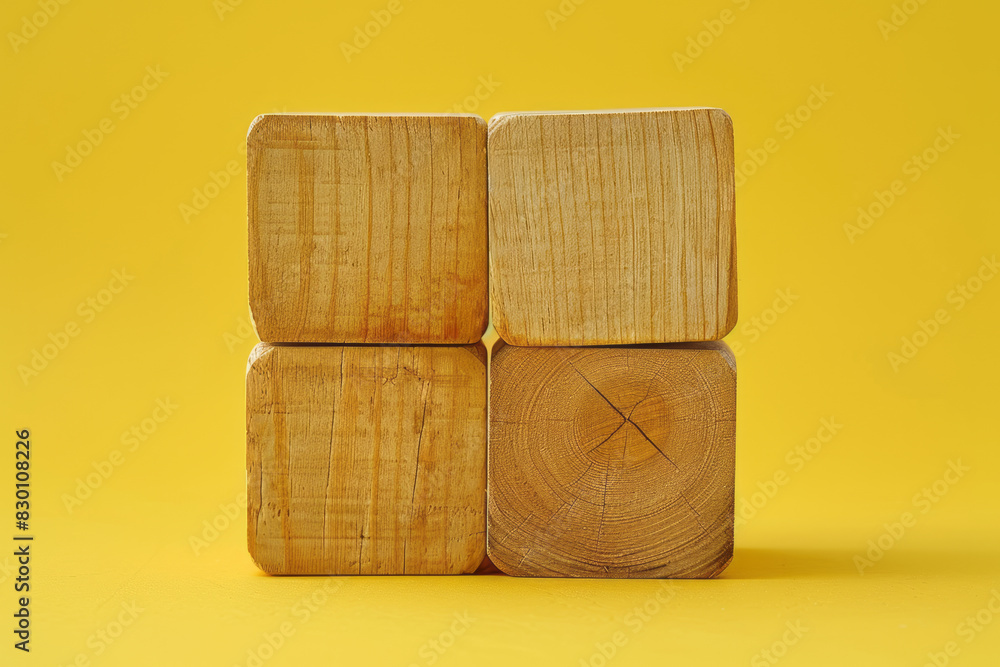 Poster scene of four wooden cubes arranged in a cross shape, creating a minimalist plaza against a uniform 