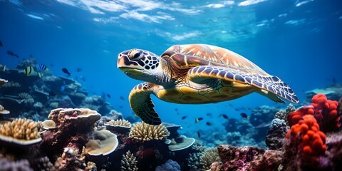 Fototapeta premium Colorful fish turtles and coral in a vibrant underwater ocean ecosystem. Concept Underwater Photography, Marine Life, Colorful Ecosystem, Coral Reefs, Underwater Adventure