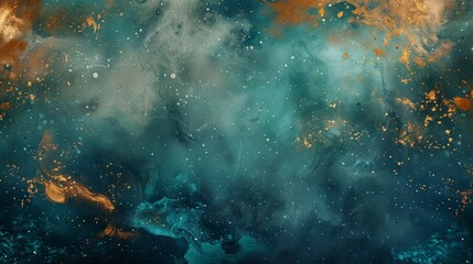 Obraz premium Dark teal and burnt sienna with gold particles complemented by a serene mist background