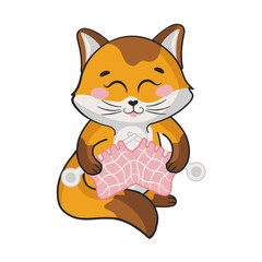 Cute cat character knitting pink scarf in cartoon style