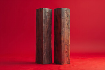 Illustration of two tall wooden cubes placed parallel to each other, resembling modern minimalist towers against a solid red background,