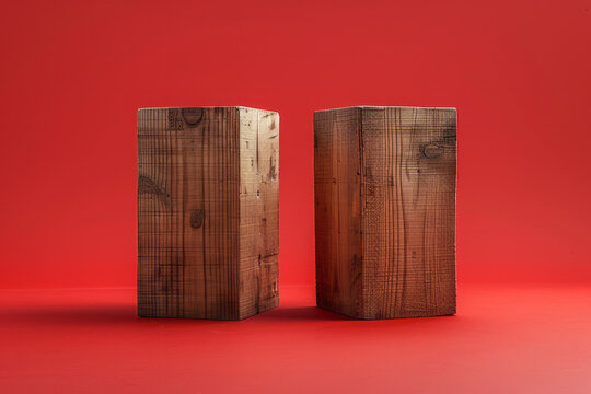 Illustration of two tall wooden cubes placed parallel to each other, resembling modern minimalist towers against a solid red background,