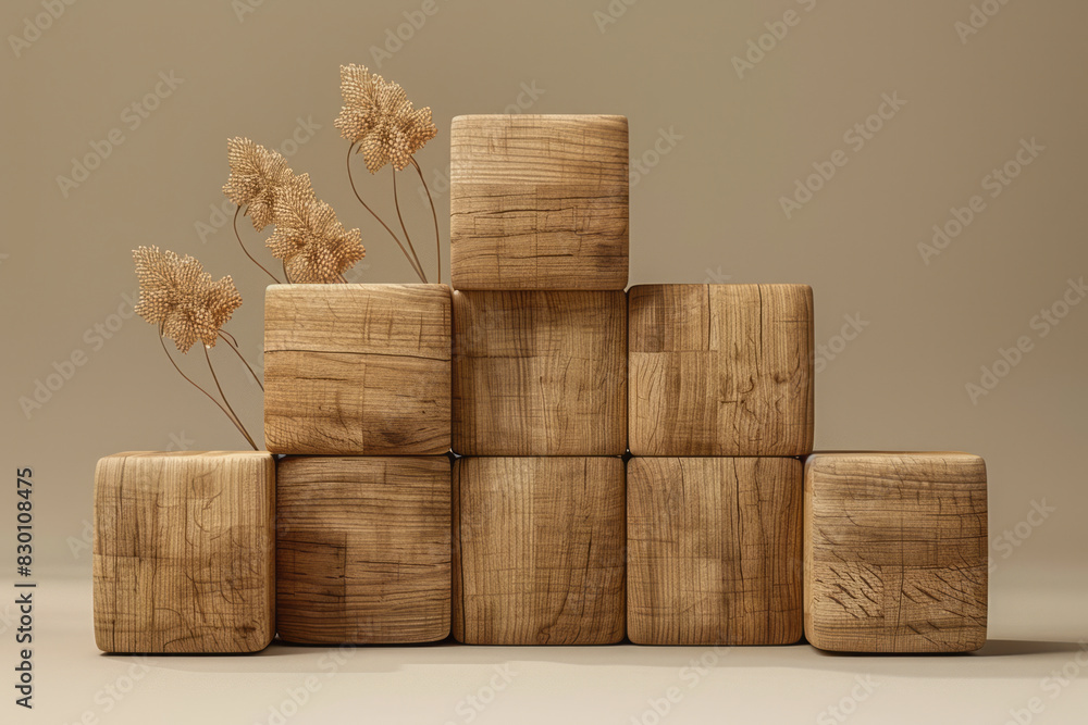Poster artistic rendering of five wooden cubes arranged in a staggered pattern, creating a dynamic, minimal