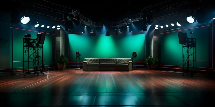 Create a professionallooking virtual studio setup with a green screen for a TV studio feel. Concept Virtual Studio Setup, Green Screen, TV Studio Feel, Professional Lighting, Camera Angles