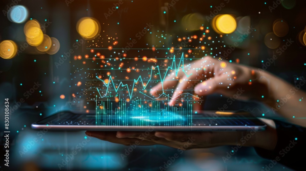 Aufkleber A hand holding a tablet displaying a line graph with trend lines and data points, analyzing patterns and forecasting future trends.