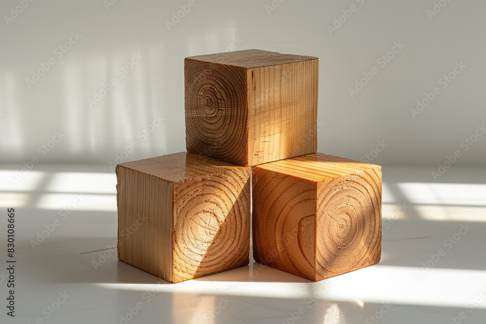 Poster image of three wooden cubes forming a triangular structure, creating a simple and expressive pavilio