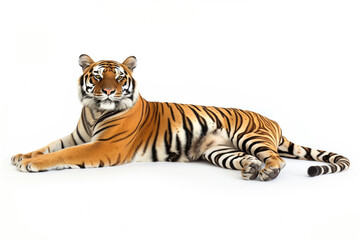 Obraz premium Full-Length Bengal Tiger Resting On White Background