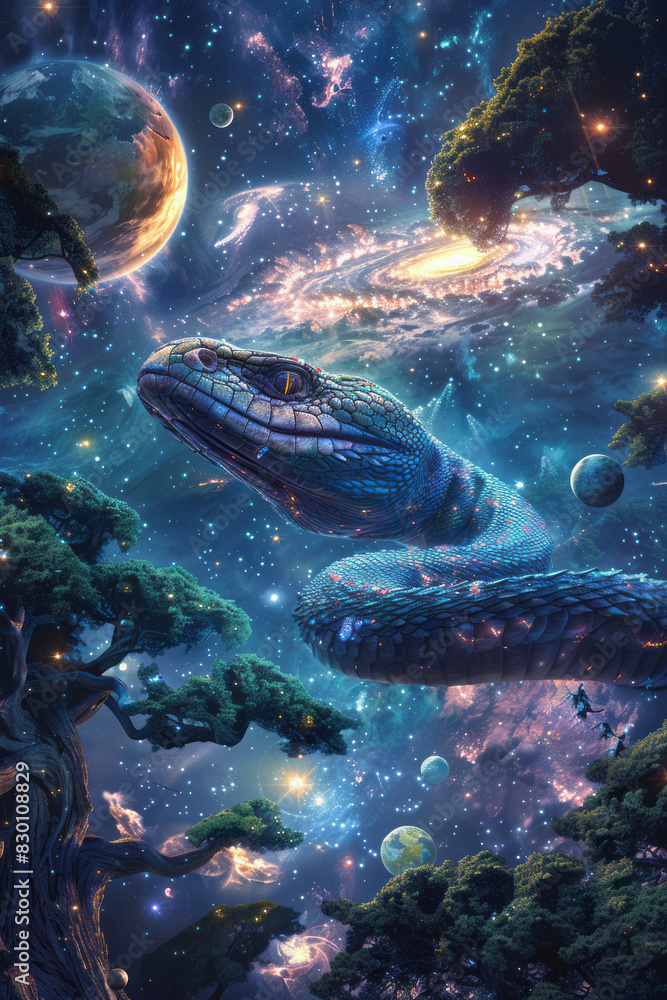 Poster artistic rendering of a world held aloft by a giant serpent winding through space, surrounded by lum