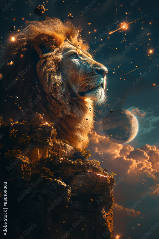 Poster image of a world balanced on the back of a celestial lion, with planets and meteor showers creating 