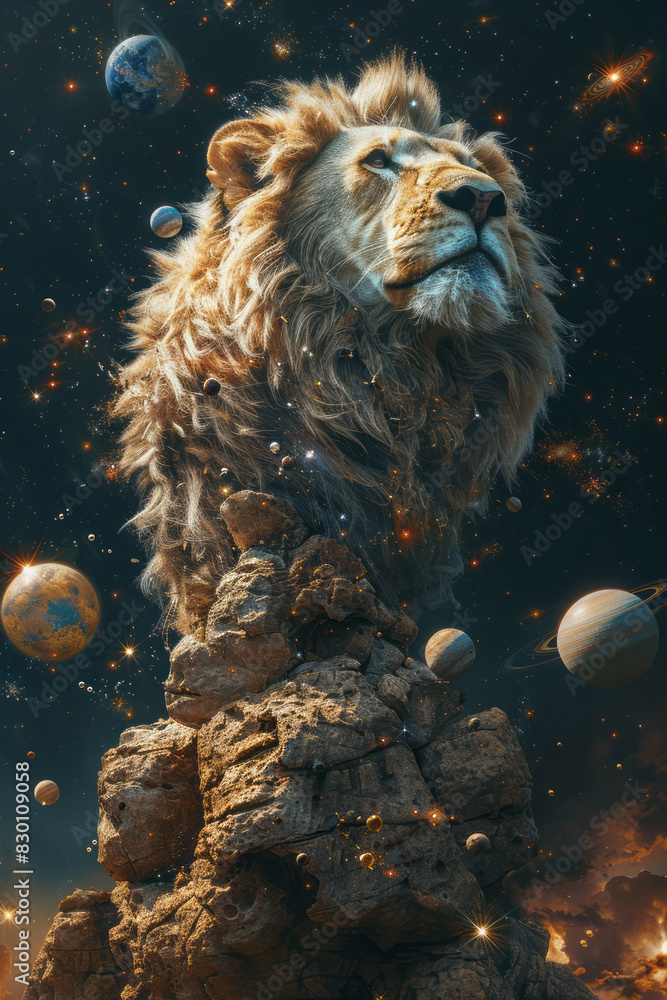 Poster image of a world balanced on the back of a celestial lion, with planets and meteor showers creating 