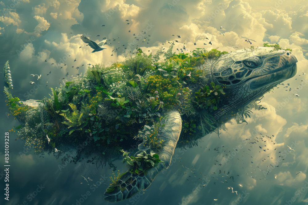Poster scene showing a colossal whale symbolizing water with ocean waves, a massive turtle symbolizing eart