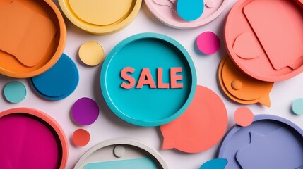 Bold SALE badge in vibrant colors, close up, minimalistic design, whimsical, Overlay, white background backdrop