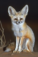 Fototapeta premium Fennec fox sitting quietly in the desert at night, nocturnal wildlife photography