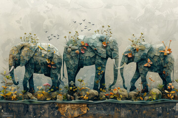 Illustration of three elephants, one symbolizing water with aquatic plants and fish, one symbolizing earth with soil and rocks, and one symbolizing air with birds and wind,