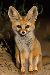 Fototapeta premium Fennec fox sitting quietly in the desert at night, nocturnal wildlife photography