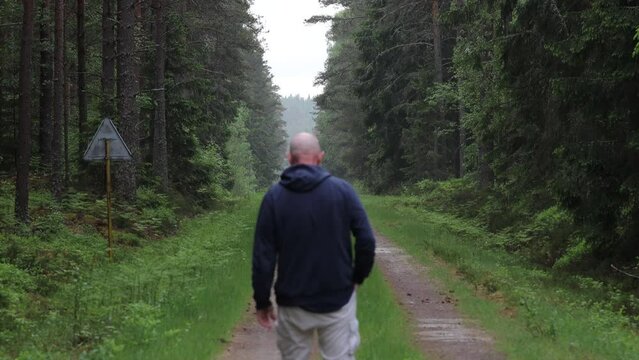 Vaxjo, Sweden A man walks alone on a wooded path through the forest.