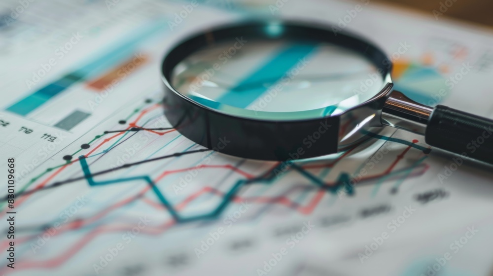 Poster a magnifying glass focusing on a line graph, emphasizing the importance of detailed analysis in inte