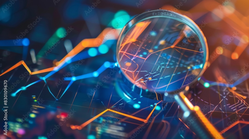 Poster a magnifying glass focusing on a line graph, emphasizing the importance of detailed analysis in inte