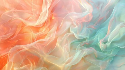 Fototapeta premium Vibrant spring wallpaper with fluid patterns in light coral pastel green and soft blue shimmering light effects background