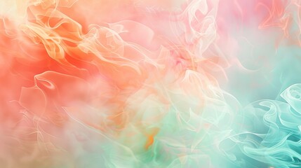 Dynamic spring wallpaper with fluid patterns in light coral pastel green and soft blue shimmering light effects background