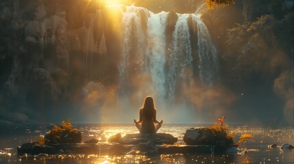 Woman practices yoga and meditation around the mountains and waterfall, wellness soul concept