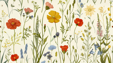 Vintage wildflowers and plants illustration seamless pattern, muted colors, detailed, in the style of vintage, on a cream background, seamless wallpaper
