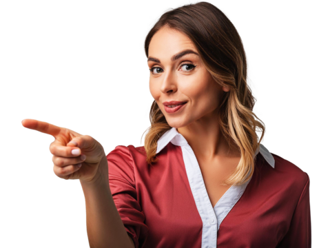 Young Caucasian woman pointing to something with a grin, transparent, png