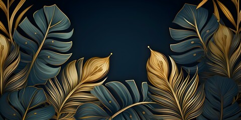 Art Deco wallpaper featuring golden splitleaf Monstera plant line art. Concept Interior Design, Art Deco, Wallpaper, Golden Monstera Plant, Line Art