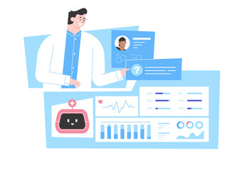 Male doctor communicates with a chat bot using a language model. Artificial intelligence in patient data analysis and diagnosis. Modern technologies in medicine. Vector flat illustration.